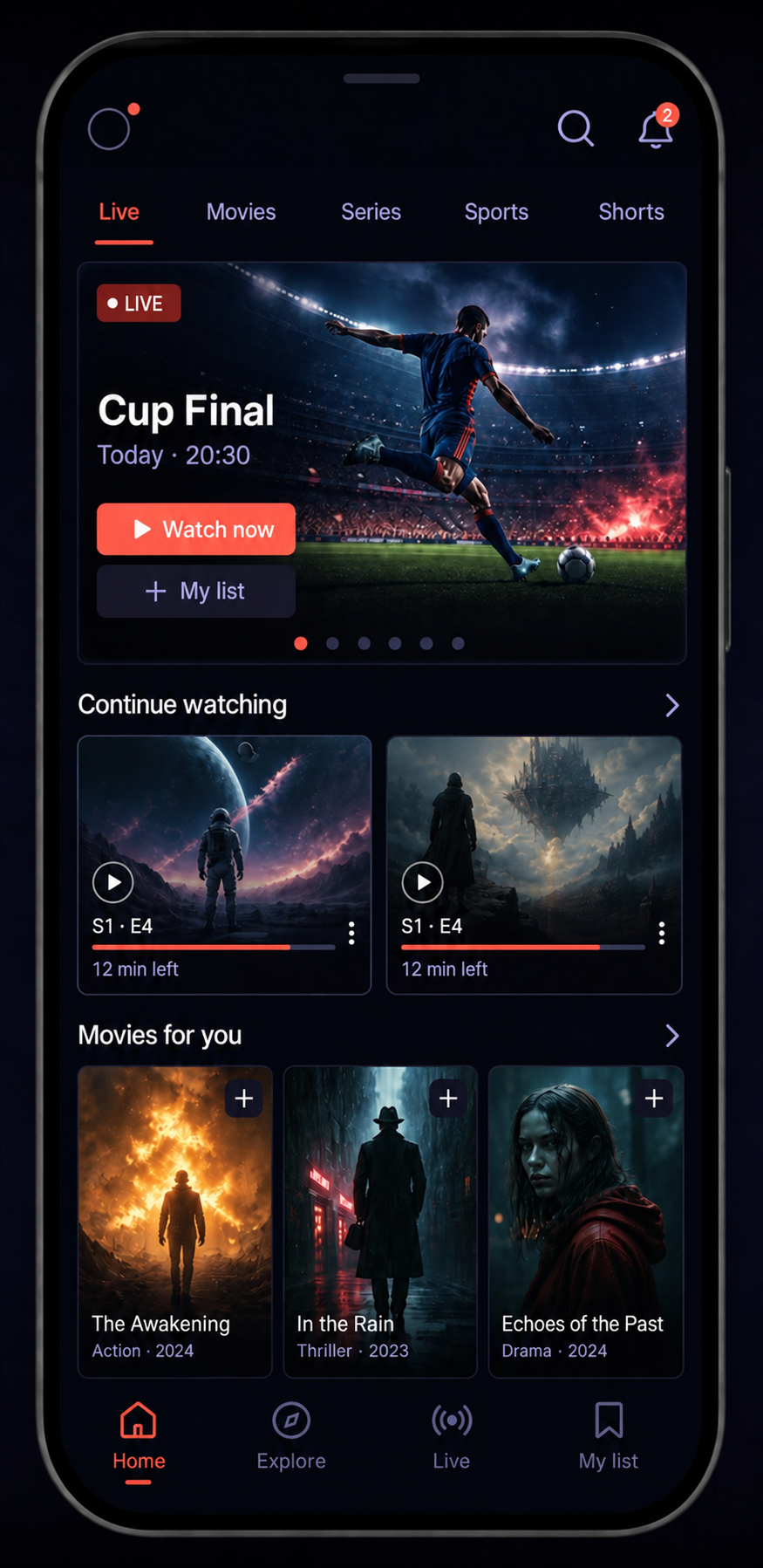 Entertainment app home screen with live channels, movies, series, sports, and short dramas